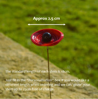 Coquelicot Rouge- Tige de fleur individuelle en verre de Murano avec texte en anglais qui donne les dimensions de la fleur. La largeur de la fleur est approxitavement 3.5cm